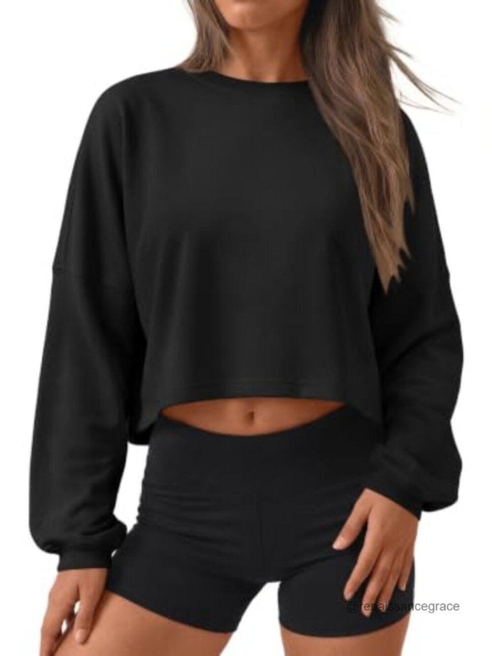 Women's Cropped Crewneck Sweatshirt Long Sleeve Cotton Blend Top